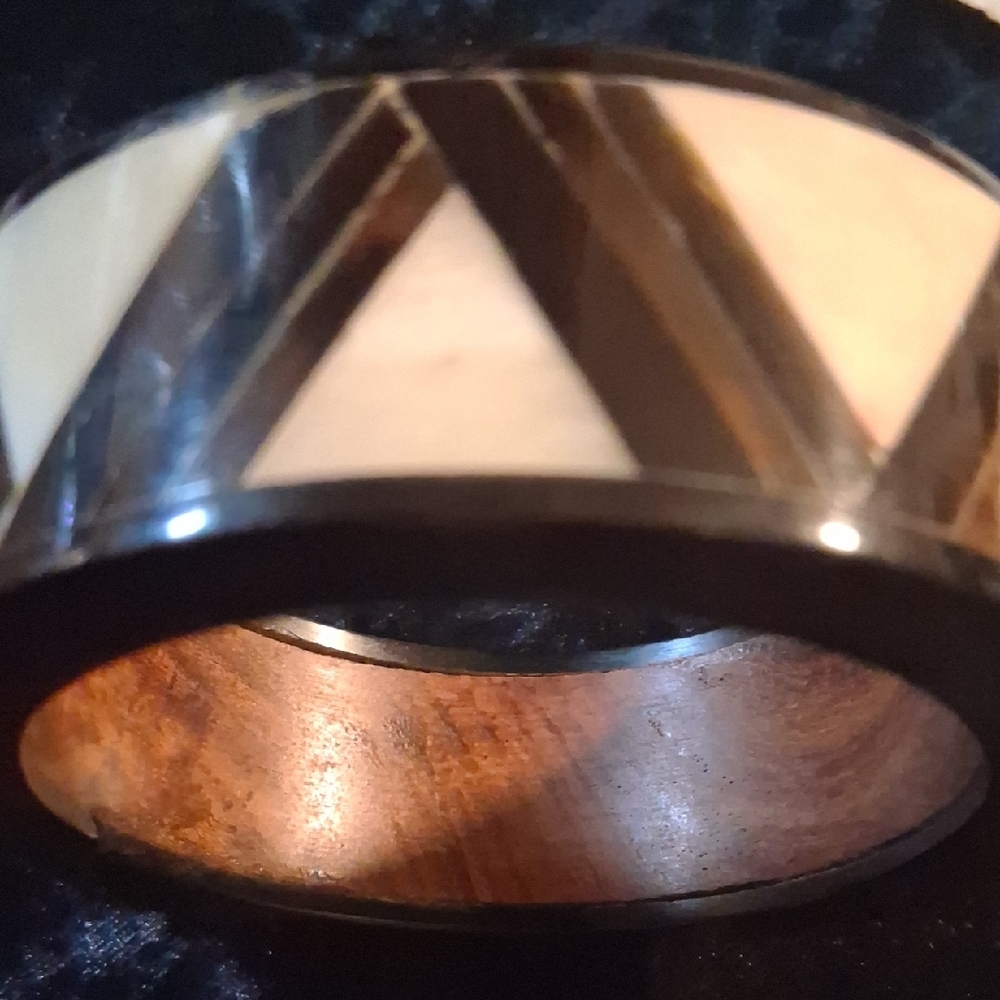 Black Horn & Antler Inlayed Over Wood. Artisian Wide Bangle Bracelet.